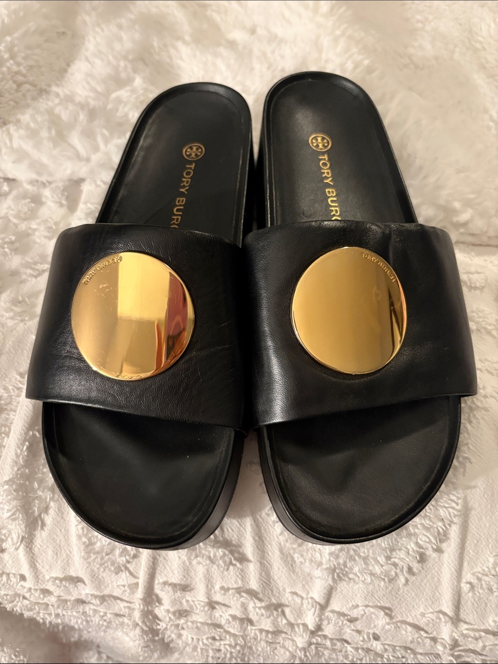 Tory Burch Black Leather Slide Sandals with Gold Medallions